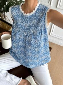 SHEIN Frenchy Áo sơ mi nữ rộng rãi họa tiết hoa tua rua, mùa hè - Màu xanh lam - Xem 5