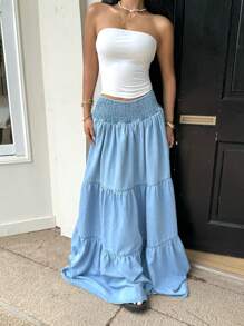 SHEIN EZwear 女士节日高腰加长荷叶边下摆牛仔迷你裙 - 淺色水洗藍 - 查看 5