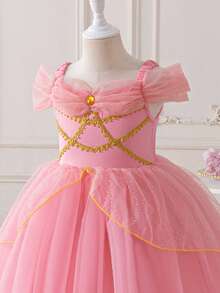 SHEIN Glamorique Kids 小女孩公主针织连衣裙，虾粉色，金色丝带，派对礼服，闪光印花，生日派对，婚礼，节日，四季皆宜，日常穿着 - 藕粉色 - 查看 5