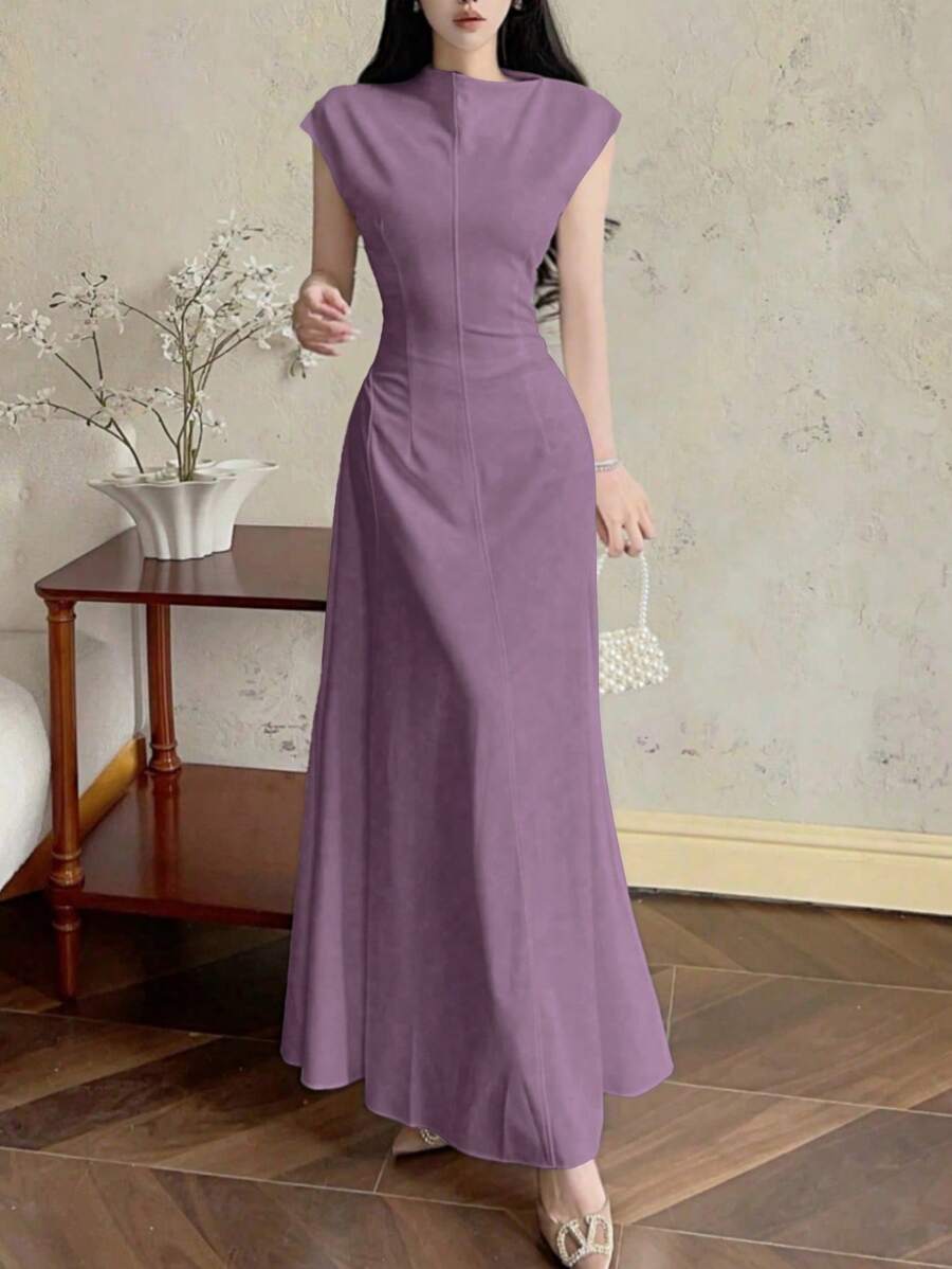Modelyn 女式高领无袖不对称喇叭下摆优雅连衣裙 - 紫色 - 查看 1