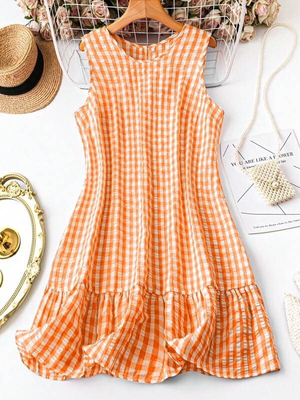 SHEIN LUNE Plus-Size Women'S Summer Boho Two-Tone Plaid Crew Neck Sleeveless A-Swing Holiday Dress,Summer Dresses For Women,Dresses Casual