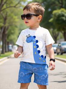 1 pièce Ensemble t-shirt à manches courtes et shorts pour tout-petits avec impression mignonne de grand dinosaure et ligne de dinosaure. Tenue légère de tous les jours adaptée pour le printemps/l'été