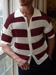 Manfinity CityGents Men Casual Two-Tone Striped Pattern Button Open Knit Sweater Knitted Button Downs For Men's Old Money - Multicolor - View 3