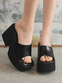 Sugerpunk 女士方头厚底坡跟凉鞋，舒适休闲一脚蹬，适合派对和聚会 女士朋克哥特粗高跟露趾系带凉鞋，舒适休闲，适合派对和聚会