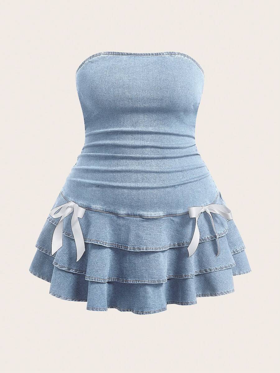 SHEIN MOD 大码夏季休闲蝴蝶结装饰抹胸牛仔连衣裙 - 藍色 - 查看 1