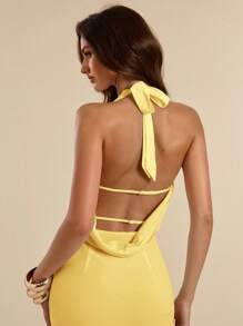 SHEIN BAE Women's Deep Draped Neck Backless Mermaid Maxi Chiffon Dress, Form-Fitting, Summer,Bodycon Dress - Yellow - View 7