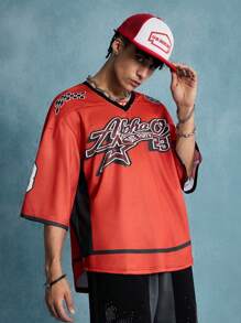 ROMWE MEN Prep 男士休闲宽松 V 领字母和数字印花平纹针织 T 恤，适合日常穿着，春夏季 - 紅色 - 查看 5