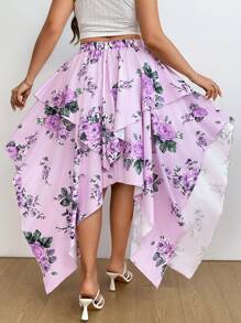 Flirla Plus Size Asymmetrical Hem Floral Print Holiday Beach Summer Casual Outdoor Party Skirt For Women - Purple - View 4