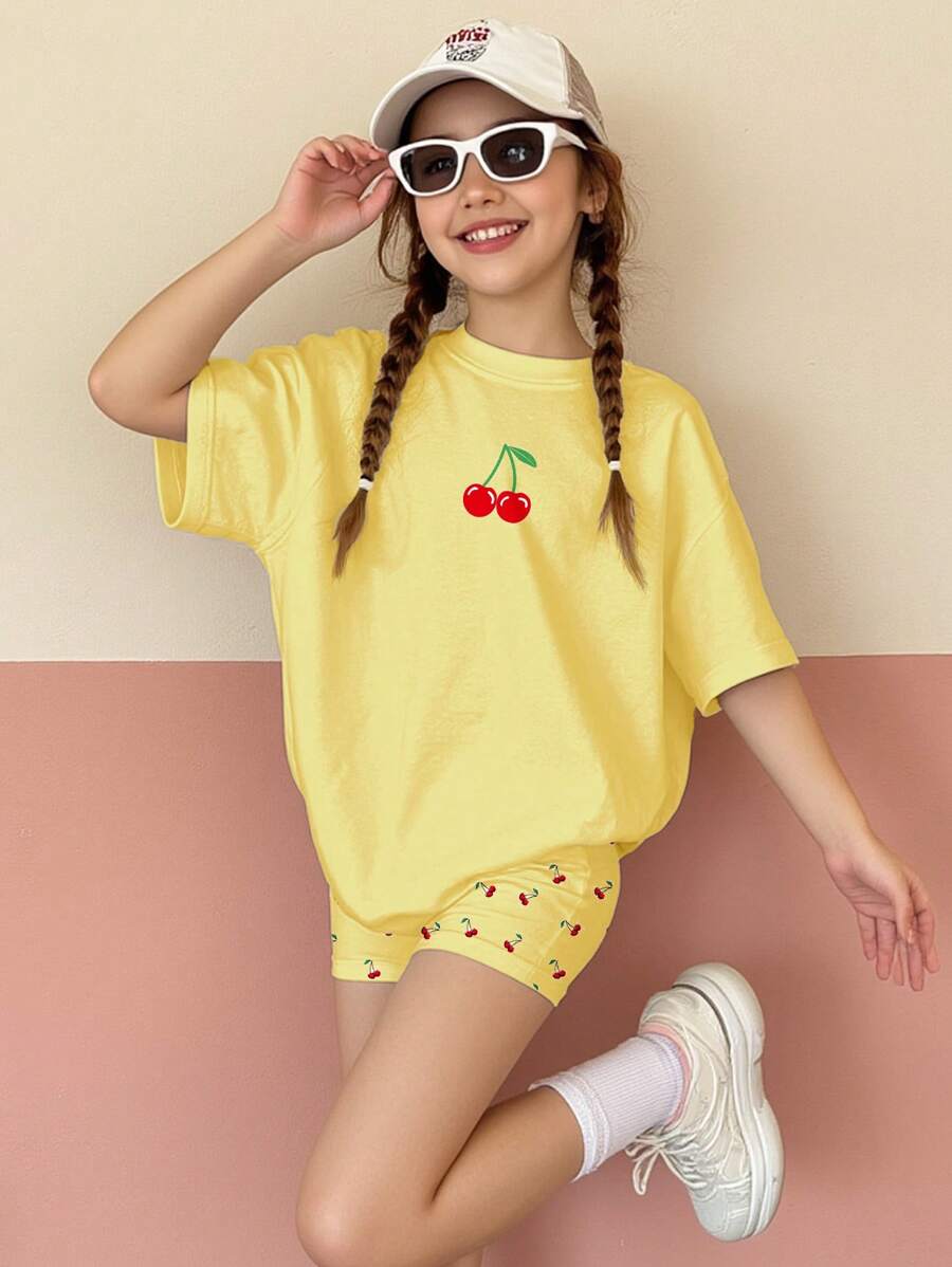 SHEIN Leap Crew 青少年女孩休闲简约短袖 T 恤和短裤两件套，适合夏季 - 彩色 - 查看 1