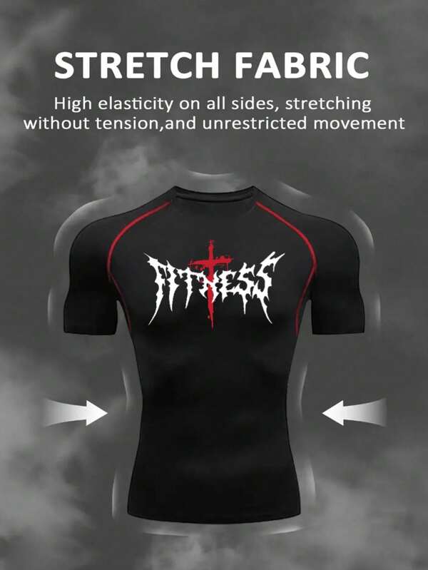 Manfinity Sport Corelite Men's Summer Casual Gothic Print Raglan Sleeve Slim Fit Sports T-Shirt Workout Tops Men Work Out Shirts Men Workout Clothes Running Tees & Tanks