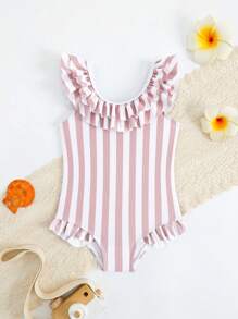 Baby Girl Cute Striped Print Ruffled One-Piece Swimsuit - Pink - View 6