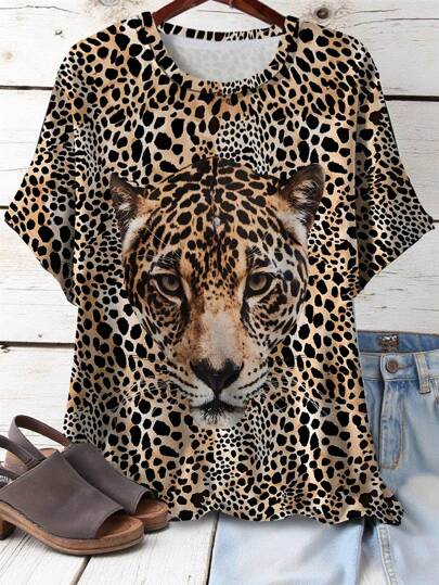 Plus Size Women Vintage Leopard Print Powerful & Fashionable Crew Neck Top