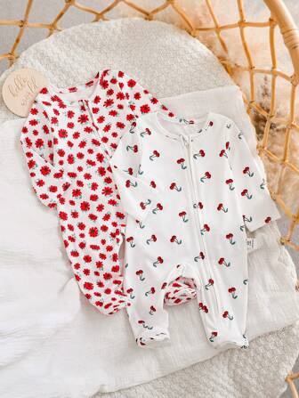 SHEIN Dozemod Kids Newborn Baby Girls 2pcs Cartoon Print Long Sleeve Zipper Front Soft & Gentle Romper Jumpsuit