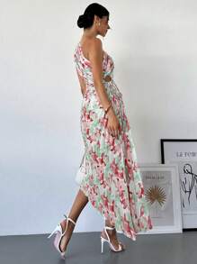 Firerie 女士优雅度假海滩渐变花卉印花褶皱单肩镂空抽绳中长连衣裙，夏季
