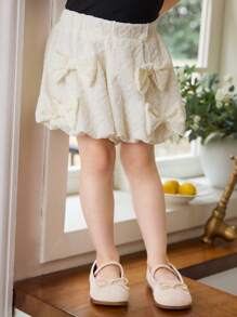 SHEIN Cute White Bow Skirt Shorts For Kids Polyester Textured Bloomers With Double Bow Detail Short Length  Kids Back To School - White - View 4