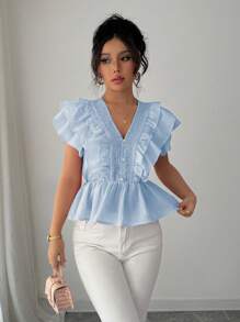 Elenzga Women's Spring/Summer Fashion Elegant V-Neck Ruffle Trim Textured Sleeveless Blouse