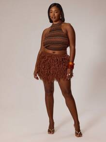 MUSERA Plus Size Knit Frill V Hem Mini Skirt Swim, Holiday, Sexy, Cute Winter Fall Autumn Autumn Winter Fall Thanksgiving Chic