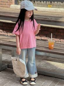 DAZY Jeans acampanados con parches de encaje para niñas, ropa de otoño - Azul - Ver 2