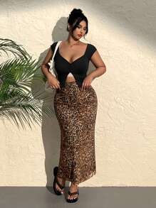 SHEIN EZwear Plus Size Vintage Leopard Print Mesh Long Midi Skirt