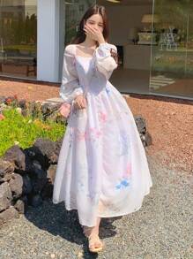 DAZY 女士碎花褶皱腰身方领A字中长连衣裙，优雅休闲假日长袖挤奶女工风格女装，生日女装，秋季女装，白色连衣裙，度假女装 - 彩色 - 查看 3