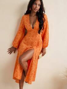 Israel Jasso Orange Solid V-Neckline Balloon Long Sleeve Bohemian Dress Casual Beach Outfit Vacation - Orange - View 1
