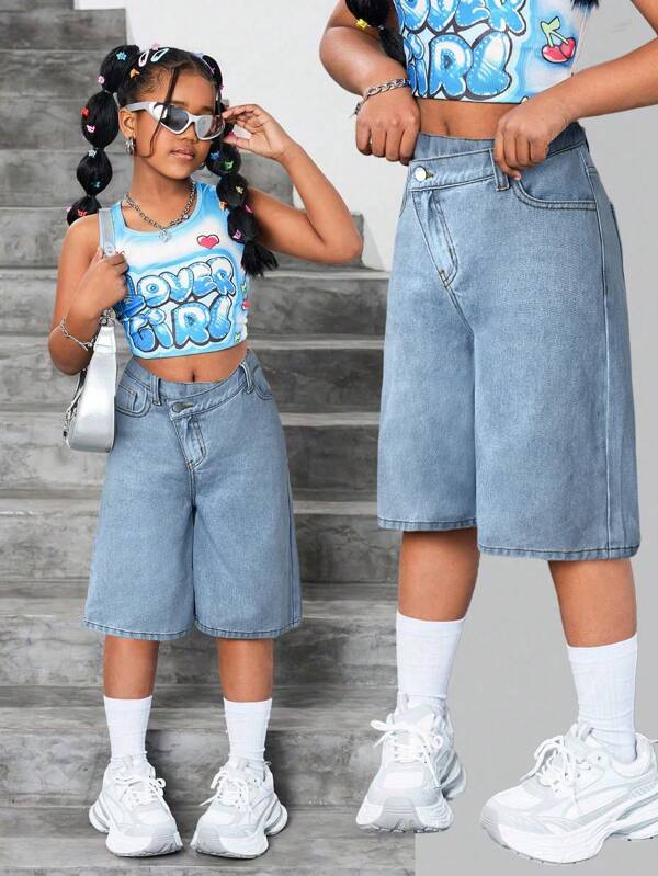 SHEIN Tween Girl Y2K Vintage Washed Asymmetric Waist Loose Fit Blue Denim Bermuda Shorts ,For Girls Streetwear Outfits Teen Girls Denim Shorts Y2k Denim Shorts