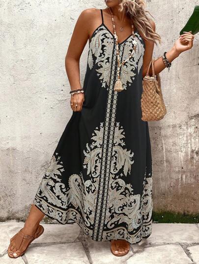 Breezaya Klänning i plusstorlek för kvinnor avslappnad lös blommig remsklänning, lämplig för dagligt bruk och semester