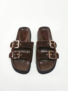 Solezae Women Chunky Buckle Decor Thick Bottom Basic Everyday Comfort Outdoor Suede Brown Flat Slipper Sandals Vacation Shoes Casual Shoes Beach Shoes Mother's Day Present - Brown - View 5