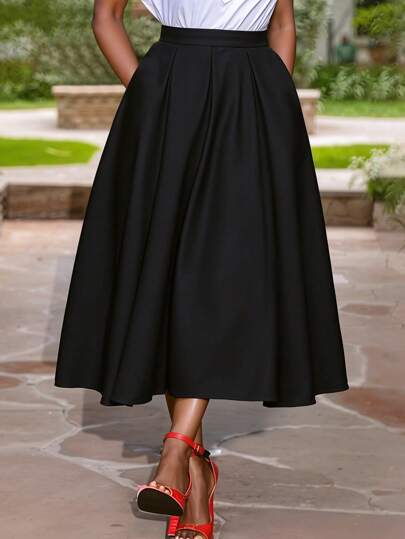 SHEIN LUNE Plus Size Solid Color Pocket Casual Commuter Pleated Skirt