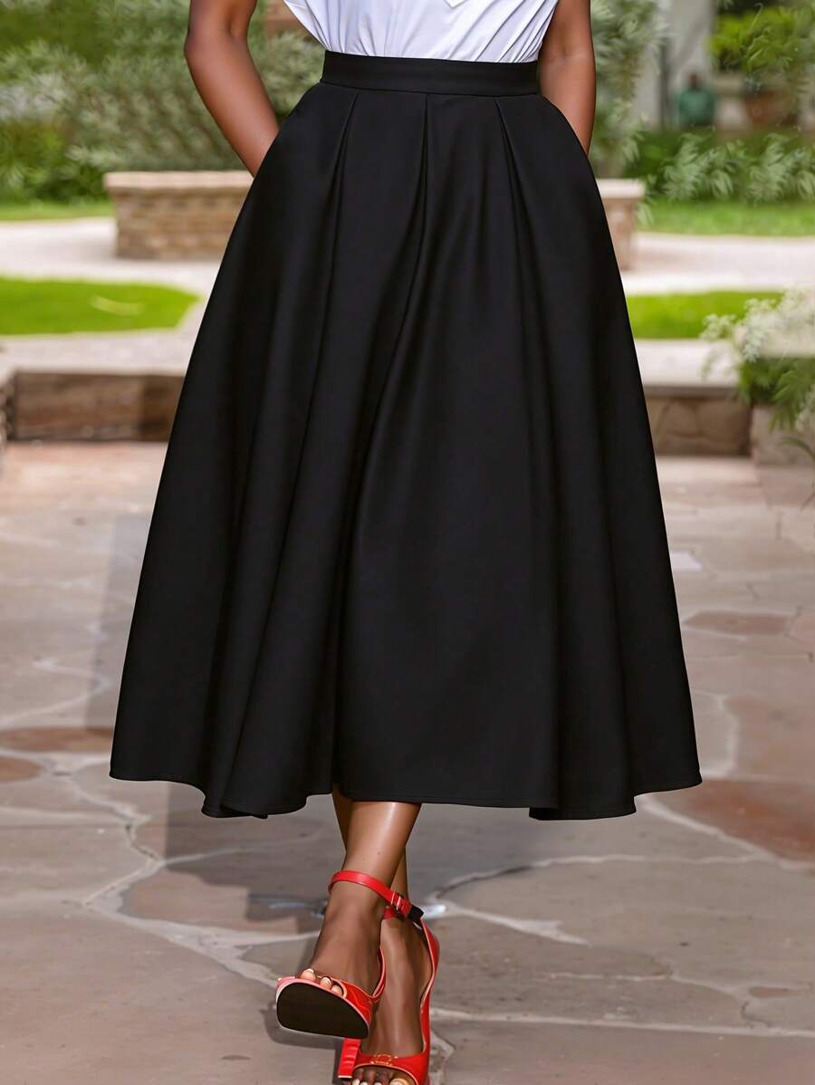 SHEIN LUNE Váy xếp ly đi làm thường ngày màu trơn cỡ lớn - màu đen - Xem 1