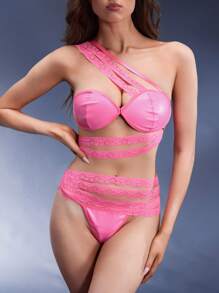 3pcs/Set Women Sexy Pink Lingerie Set - Lace & PU Bra + G-String + Mini Skirt