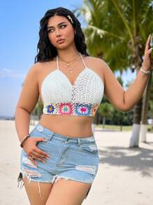 SHEIN EZwear 加大码镂空拼色钩针露背针织上衣，适合度假休闲 - 彩色 - 查看 5
