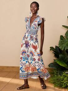 Travachic Tropical Print Deep V-Neck Ruffle Hem Casual Vacation Dress,Summer,Summer Outfits For Women,Beachwear,Beach Outfits For Woman,Vacation Outfits Women,Concert Outfit Women,BOHO,Tropical Vacation Woman Clothes,Summer Dresses For Women,Holiday Outfits