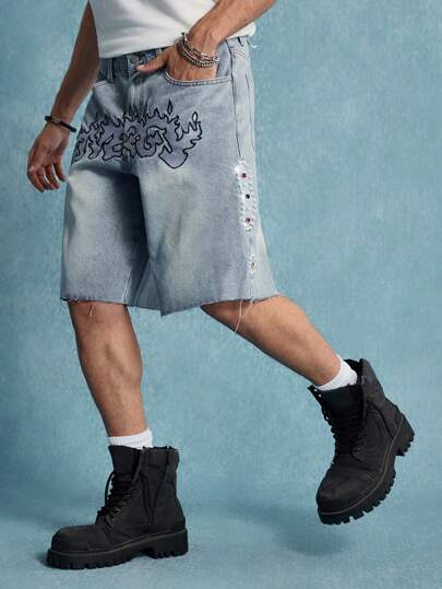 Street Life Men's Colorful Diamond & Pearl Embroidered Loose Denim Shorts
