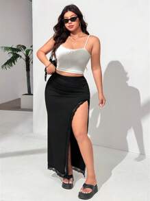 SHEIN EZwear Plus Size Women Lace Patchwork Side Slit With Ruffle Hem Sexy Vacation Skirt, Summer - Black - View 6