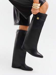 Solezae New Women's Fashionable Black Folded Vegan Leather Moto Wedge Boots For Christmas - Black - View 5