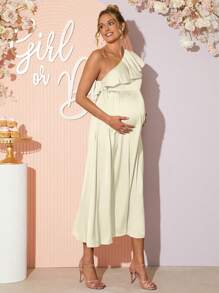 Loomaby Robe élégante pour femmes enceintes avec encolure asymétrique volantée de couleur unie - Nude - Voir 3