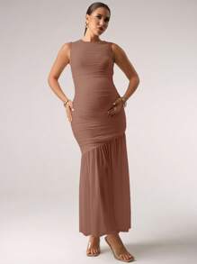 MaterniChic 孕妇纯色圆领褶皱修身无袖连衣裙 - 卡其色 - 查看 4