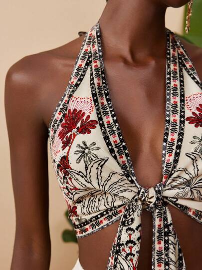 Travachic Women's Holiday Sleeveless Halter Neck Tropical Print Crop Top, Suitable For Holiday, Afternoon Tea, Wedding Season, Beach Cruise Vacation, City Road Trip, Boho Vacation, Music Festival, Beachwear, Easter, Elegant Tops For Women, Spring, Vacation, Concert Women, Tropical, Holiday, Bohemian,For Autumn And Winter