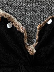 SHEIN Clasi Black Summer Boho Beach Holiday Plus Size Women V-Neck Spaghetti Strap Knitted High Elasticity Jacquard Crochet Trim Casual Top Western Wear - Black - View 5