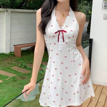 여름 캐주얼 체리 프린트 홀터 브이넥 허리 리본 원피스