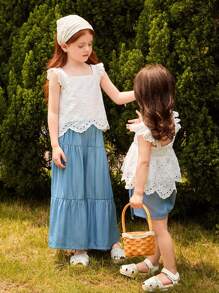 Blossori Conjunto de top de tirantes de algodón con bordado y pantalones holgados acampanados para niñas jóvenes en vacaciones en el campo - Multicolor - Ver 1