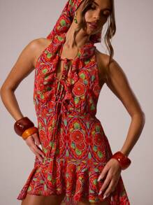 MUSERA 露背深V系带印花雪纺层叠荷叶边长裙，适合婚礼宾客、毕业典礼、生日、舞会、夏季、可爱、度假、节日、性感、优雅、伊比沙岛海滩、夜生活、婚礼宾客、优雅约会之夜、秋季派对等场合穿着。 - 彩色 - 查看 3