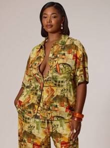 MUSERA Plus Size Button Up Printed Linen Look Short Sleeve Shirt Swim, Holiday, Vacation, Summer, Beach, Sexy, Cute