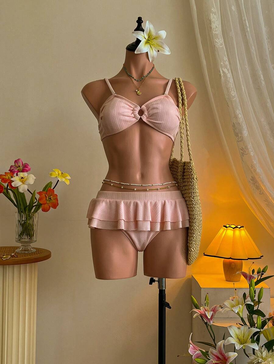 SHEIN MOD Bộ bikini dây mảnh xếp nếp màu hồng trơn cho nữ, mùa hè - Hồng - Xem 1