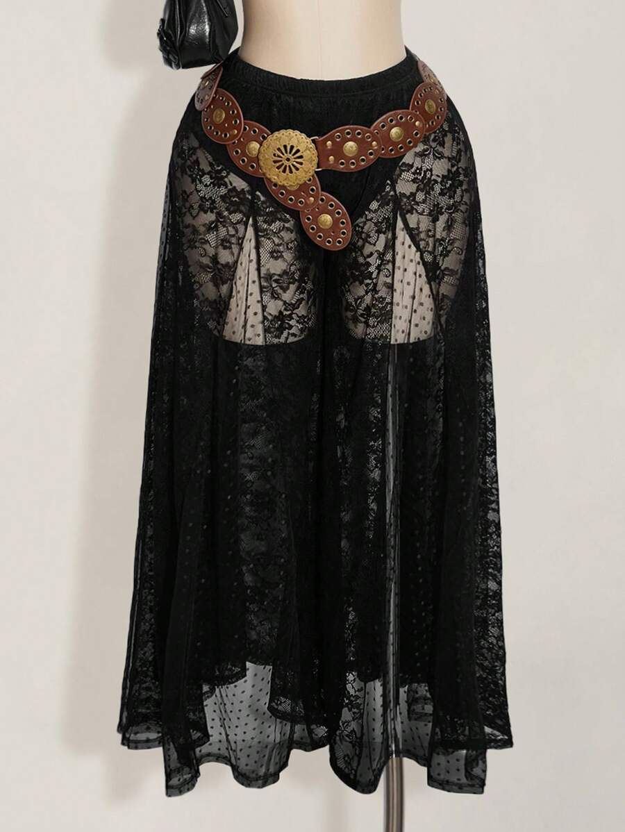 SHEIN ICON 大码高腰波点蕾丝和网眼拼布加长裤 - 黑色 - 查看 1