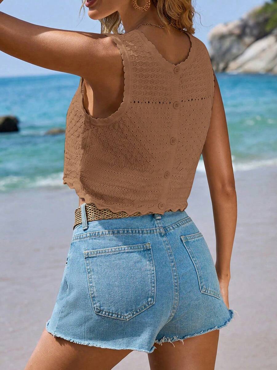 SHEIN Frenchy Top sin mangas de punto con cuello redondo, tops de verano para temporada de bodas, tops bohemios lindos para mujeres