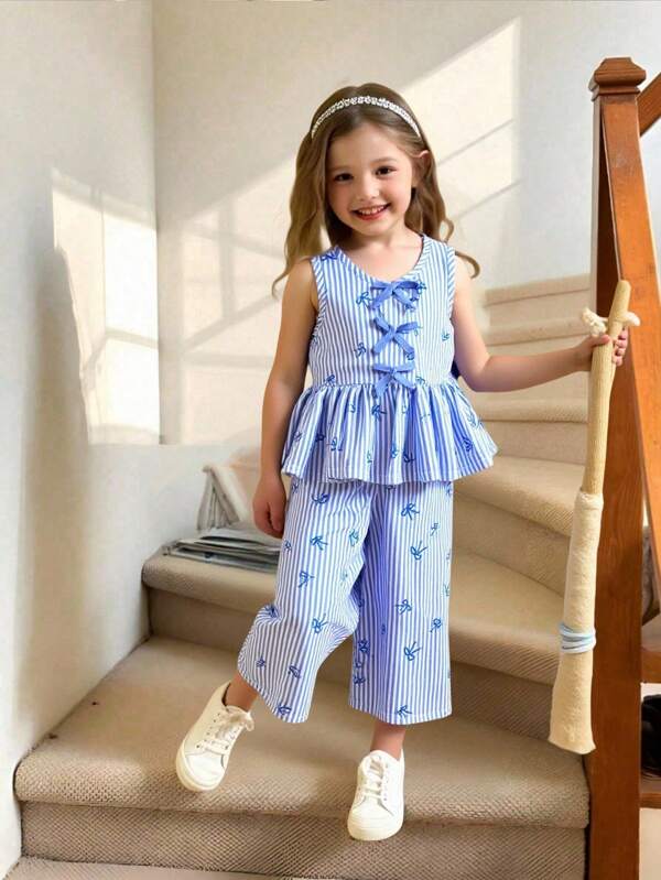 SHEIN Set de 2 piezas de top rayado con lazo y pantalón casual estampado para niñas (talla pequeña), adecuado para el verano