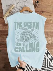 Manfinity Joysei 浅蓝色标准尺寸男士“海洋呼唤”海龟图案背心，适合夏季 - 水鴨藍 - 查看 1