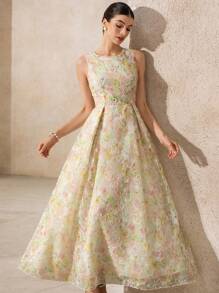 Aveloria Rosie New Elegant Romantic French Style Oversized Waist Drawstring Sleeveless Dress, Women Vintage Exquisite Dye Printing 3D Embroidery Long Dress